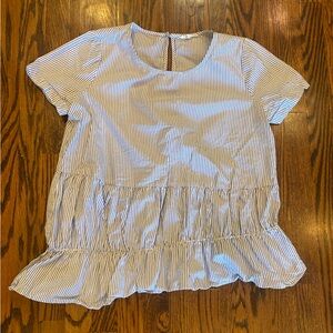 Pleione Babydoll Top Striped Short Sleeve‎ Ruffled Hem Casual Everyday Shirt Med